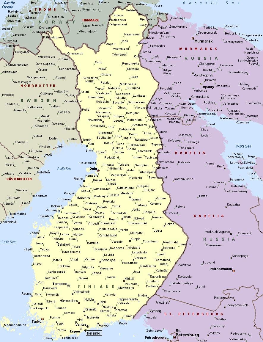 Finlanda hartë me qytetet